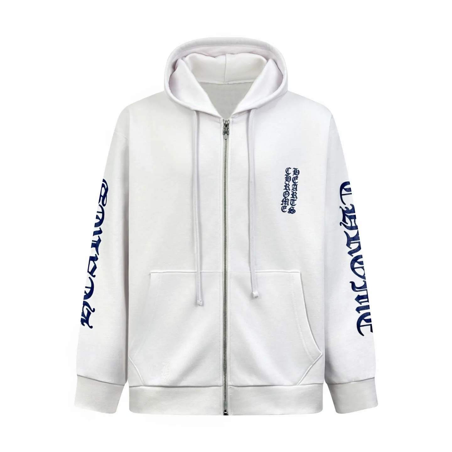 P450 Chrome Hearts letter-printed zipper jacket. Customized soft cloud-like 100% cotton velvet feel sweatshirt fabric. Delicate and smooth, comfortable and close to the skin. Made of pure white as the base. Indigo lines are neatly split. Western Gothic text is embellished on the chest. It controls the visual focus and extends vertically from the wrist to the shoulder line. It is a magic touch to break the monotony of the sweatshirt. The zippered hooded silhouette deconstructs the lazy drape carrying velvet. Gothic font meets all white. It not only retains the coldness of the Gothic, but also eliminates the depression of darkness with the purity of white, giving concrete expression to the sweet-cool balance and unlocking a multi-faceted style. Process 1: Use glue printing. The printing has been modified three times by the film screen. Use glue liquid paint to print the pattern on the fabric. Bake the fabric to fix the printing pattern. Process 2: The fabrics have been washed and have a better hand feel. Not easy to deform, not easy to shrink, not easy to fade, and maintain long-term beauty. Accessories: Customized 1:1 CH Zipper Customized 1:1 CH Trademark Fit: Loose Fit Size: S M L XL Style Number: CC910